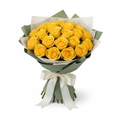 28 yellow roses bouquet wrapped in green and white paper tied with white ribbon