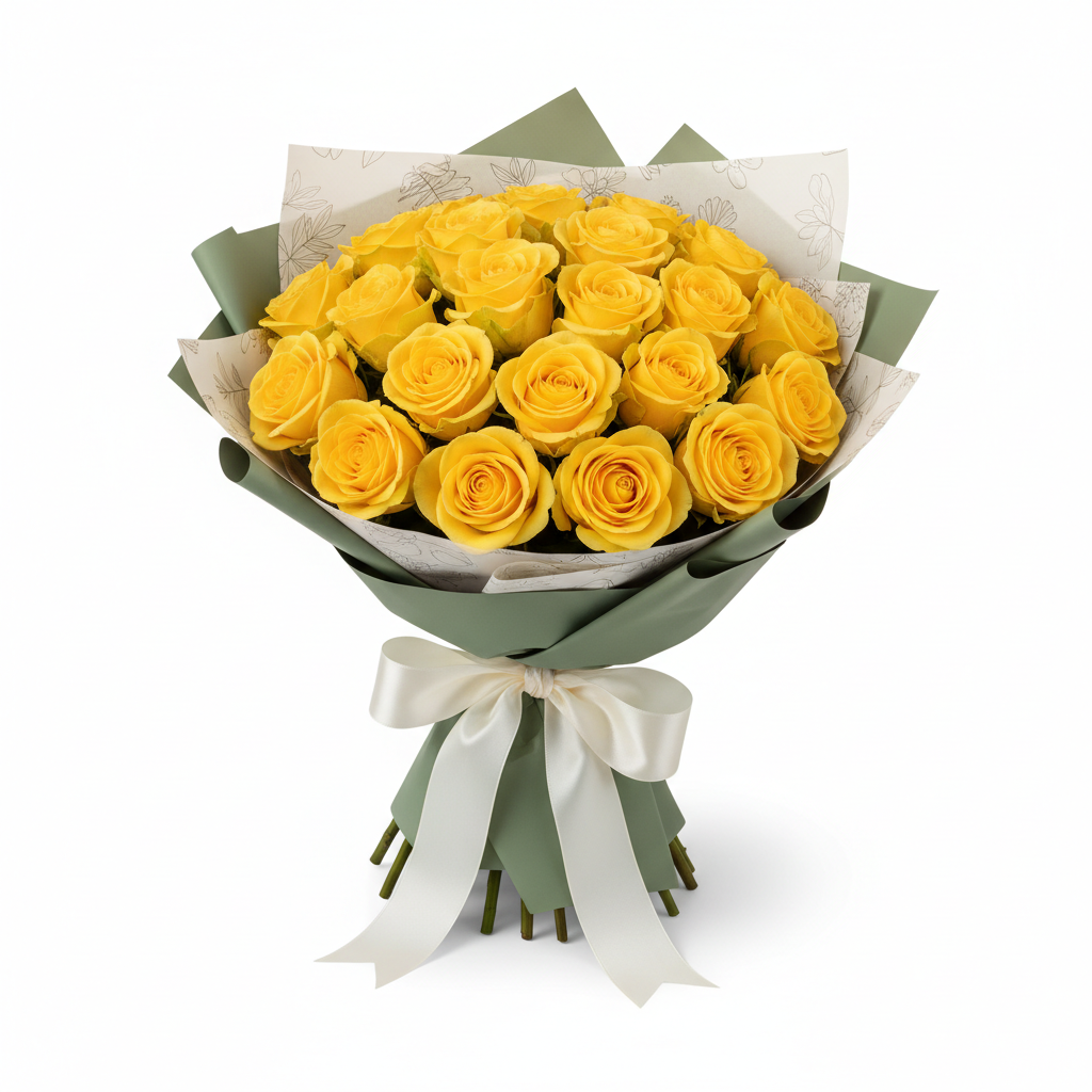 28 yellow roses bouquet wrapped in green and white paper tied with white ribbon